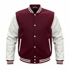 Men Varsity Jacket Leather Sleeves Wool Blend Letterman College Baseball coat