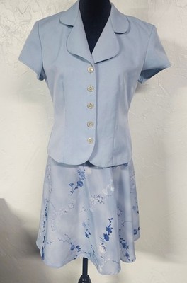 90s Vintage Lisa Joe Skirt Suit Blazer Outfit Womens/Teens 7/8 Blue Flower Skirt