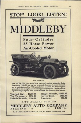 1910 PAPER AD CAR AUTO Middleby Automobile 4 Cylinder Toy Tonneau Heinze Magneto
