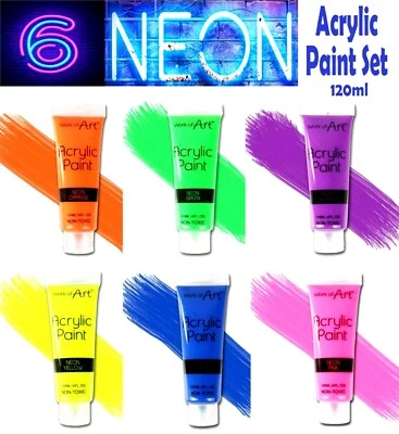 WORK OF ART 6 x Tubes Of Mixed Neon Acrylic Paint Assorted Colours Artist Paints Craft 120ml