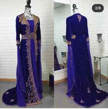 SALE Long Stylish Kaftan Gown Fancy Moroccan Blue Velvet Farasha Abaya Dubai