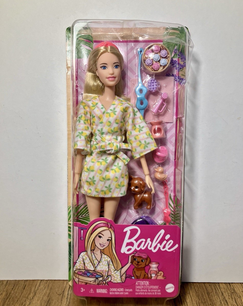 Barbie Self-Care Posable Doll, Blonde Spa Day Doll in Bathrobe with Puppy