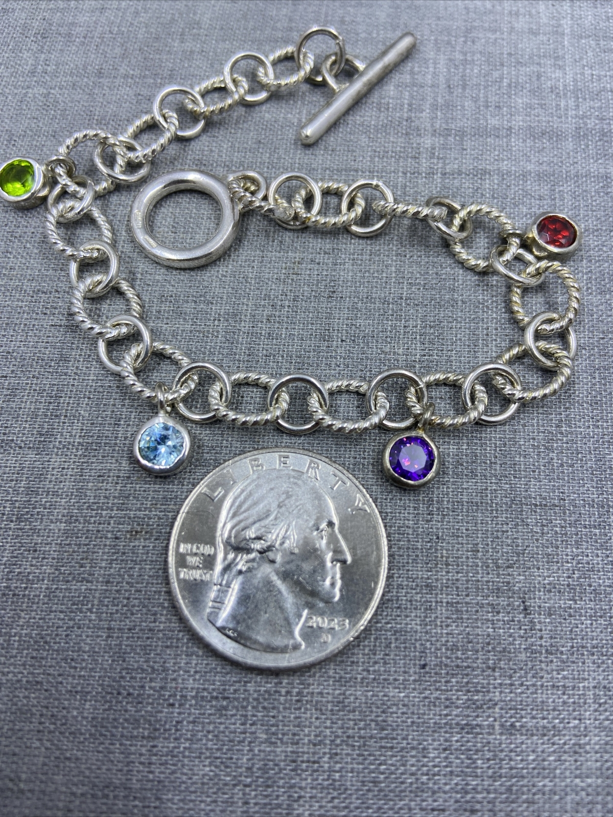 Sterling Silver .925 Multi-Gemstone Dangle Toggle… - image 2