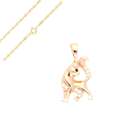 Collier Femme - Chaîne et Pendentif - Chat - Cristal - Plaqué Or Jaune 750 - 50