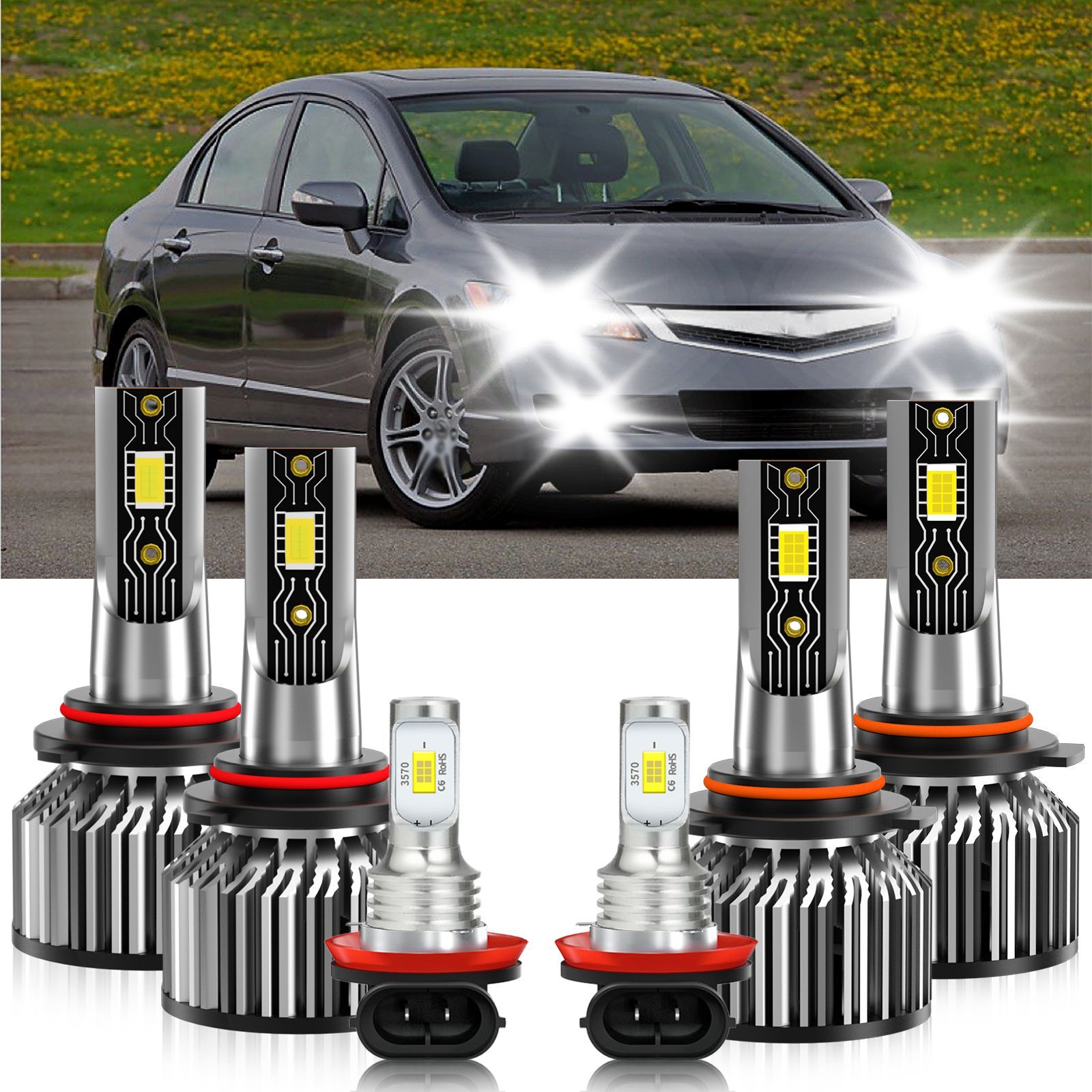 For Acura CSX 2006-2011 6x LED Headlight High Low Beam + Fog Light Bulb Kit