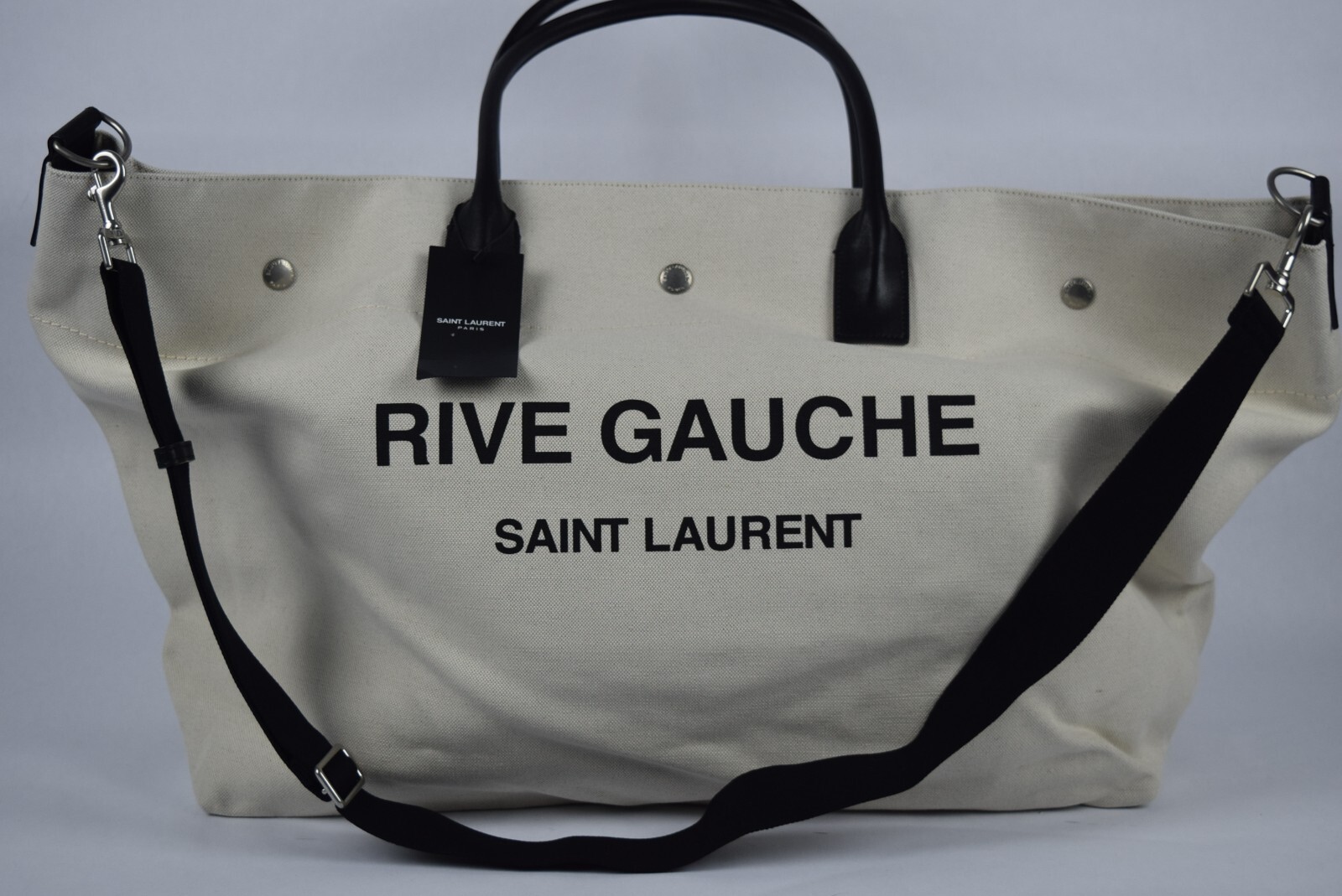 Nuovo con etichetta! Autentica borsa tote YSL Saint Laurent grande Rive Gauche maxi tela panna
