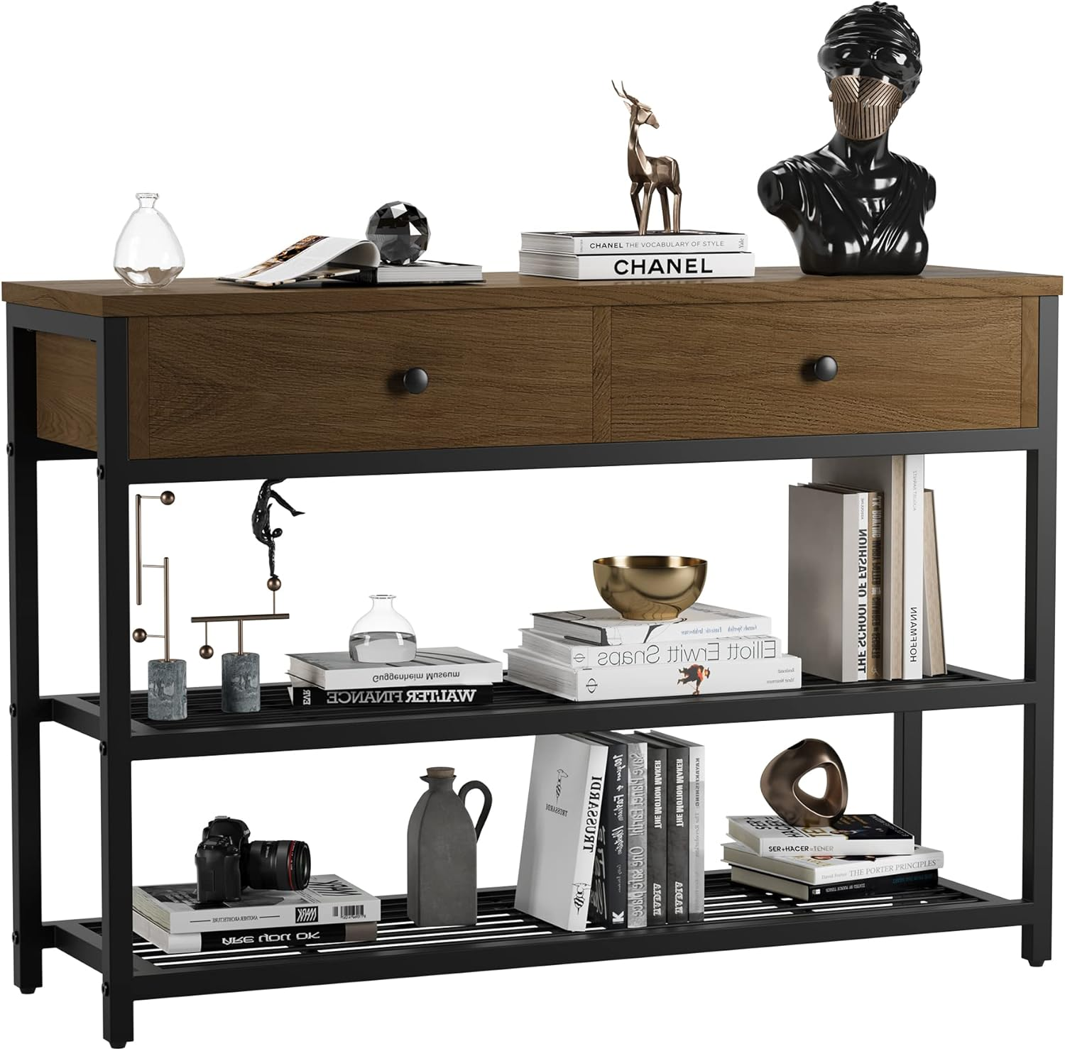 Console Table, Entryway Table, beside Table with 2 Drawers and 3 Tiers Open Shel
