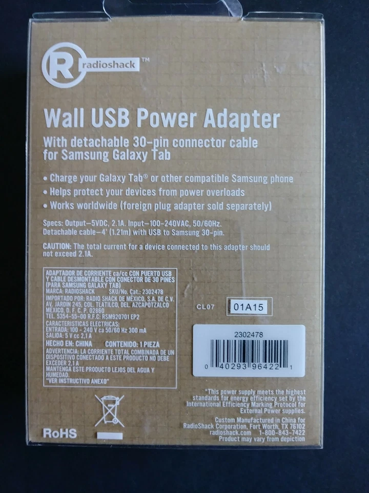 Cable desmontable cargador de pared Samsung Galaxy Tab 5VDC 2.1A 30 pines de RadioShack Foto 2 de 2