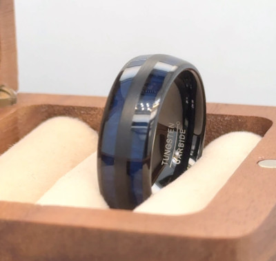 Stylish Black Tungsten Engraved Ring Exotic Blue Wood Inlay Comfort Fit Band