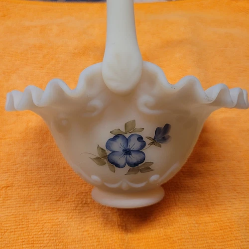Vintage Fenton Glass White Basket Weave Milk Glass Basket Hand Painted & Signed
