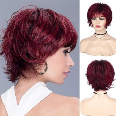 Wine Red Wig Short Layered Pixie Cut Hair Wigs For Women Synthetic Cosplay Wig