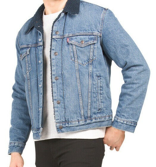 NWT Levis In The Navy Sherpa Lined Trucker Jacket Stonewash Blue