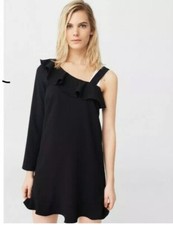 BNWT MANGO BLACK ASYMMETRIC NECKLINE DRESS 12 M TUNIC SHIFT FRILL ONE SHOULDER
