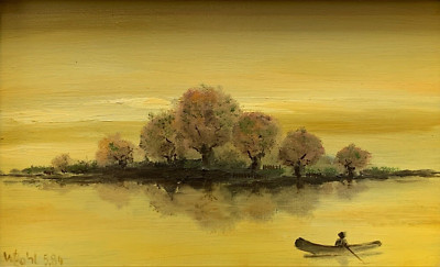 Öl Gemälde Bild dat. 1984 wohl W. Zahl Ruderer am See hochwertiger Holzrahmen