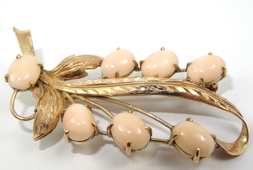 ELEGANT ANTIQUE 18K GOLD LEAF PIN BROOCH w/ ANGEL SKIN CORAL ~ 2" / 5.9g - Picture 2 of 9