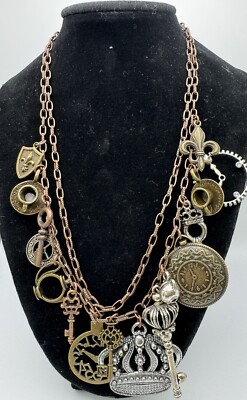 Vtg Medieval Renaissance Castle Charm Crown Shield Keys Clocks Fun 40  Necklace