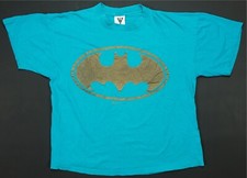 Rare Vintage SSI Batman Glitter Bat Signal Single Stitch T Shirt 90s DC Teal XL