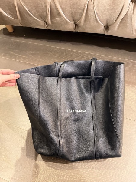 Balenciaga Black Logo Pebbled Leather Tote Bag Double Handles Silver HW