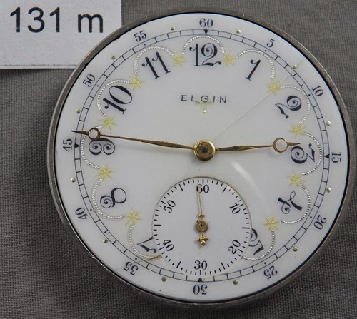 Antique Elgin 12 Size Hunter Movement Only, Fancy Glass Enamel Dial!
