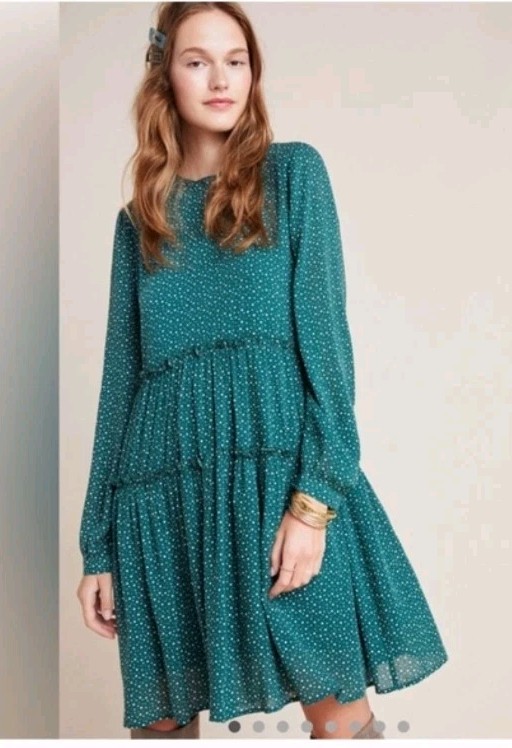 Maeve by Anthropologie Women's Green Long Sleeve Tiered Tunic Dress Size S