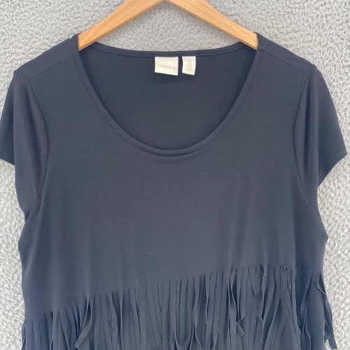Chicos Dress Womens 3 US Extra Large Black Shift Tiered Fringe Cap Sleeve Knit - Picture 2 of 11