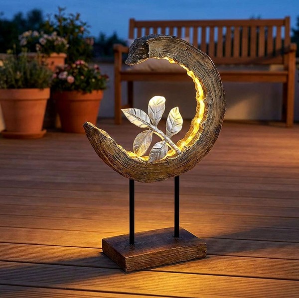 Solarleuchte Gartendeko AußEnlampe Holzoptik Mond Led Stehleuchte Balkonlampe-image