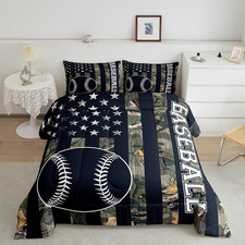 Boys Baseball Full Size Comforter Set,Rustic Green Camo Stars American Flag Bedd