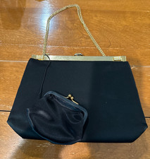 Black vintage 1960s clutch bag from After Five with gold chain strap, adjustable
