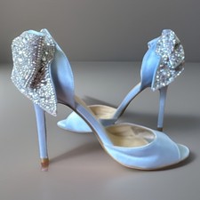 Betsey Johnson Women  s Blue Satin Slip-On Open Toe Rhinestone Bow Sandals 6
