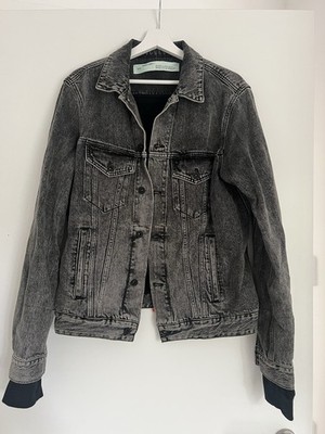 Off-White Herren Jeansjacke S grau Denim Baumwolle Logo Rücken-Print Knopf