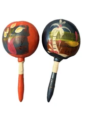 Maracas Made Cancun Mexico Set Of Two Orange And Blue Hand Painted