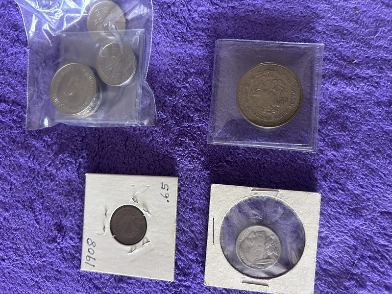 Coins: Buffalo Head Nickel, 1908 Indian Head Cent Penny, Mex & Deutsche Marks