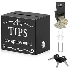 Metal Tip Jar with Slot and Lock, Safe Tip Box for Money, Black Donation Box ...