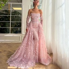 Luxury Lace Evening Dresses LongSleeve Beading Flower Gown with Detachable Train