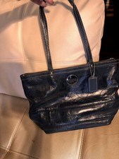 Coach Black Patent Medium Tote Zip Top Blue Lining Silver Hardware Charm