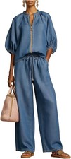 Women's 2Pc Zip Front Top Wide Leg Pants Casual Summer Set