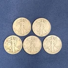 Walking Liberty Half Dollars 90% Silver, Lot of 5, 1940's, Lot 025