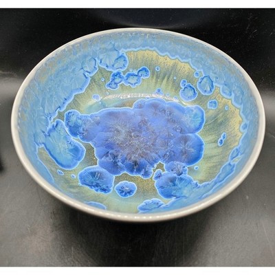 Bruce Kaynor Signed 1986 Crystalline Glaze Studio Pottery Console Fruit Blue 10''