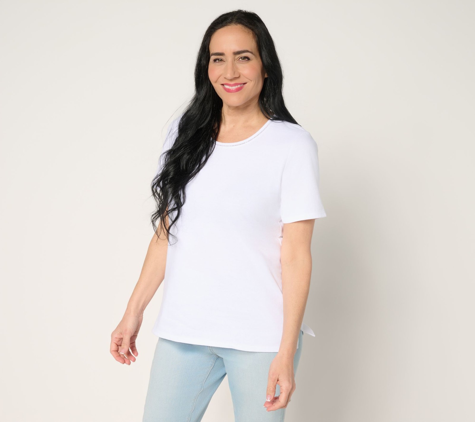 Denim & Co. Women's Top Sz L Essentials True Cotton Short Sleeve White A692791