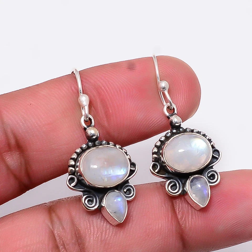 925 Sterling Silver Natural RAINBOW MOONSTONE Dangling Bezel Earrings Jewelry - Image 3 of 4