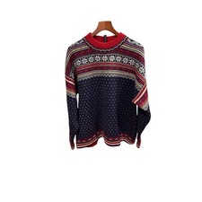 Vtg Lands End Vintage Mens 100 Wool Fair Isle Sweater Navy Red Nordic L 42-44