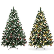 Snow Flocked Christmas Tree with Lights Pine Cones&Red Berries 1.5m 1.8m 2.1m