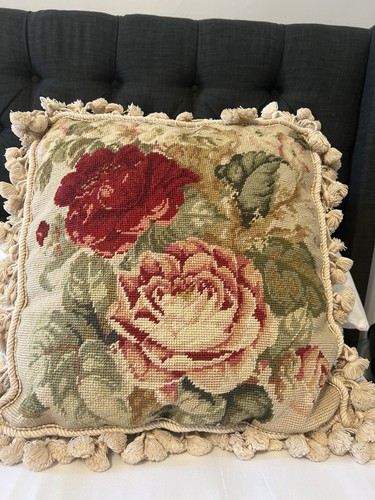 Vintage Needlepoint Floral Red Rose Pillow