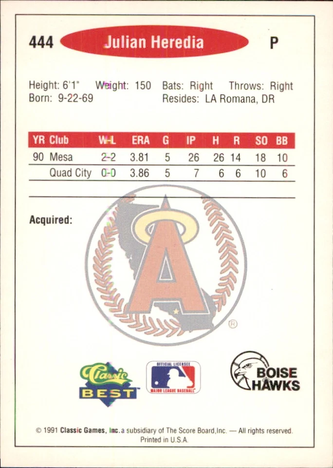 Julian Heredia 1991 Classic Best #444 RC Boise Hawks FREE SHIPPING AutographDen - Image 2 of 2