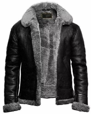 Men's B3 Shearling Sheepskin Leather Bomber Jacket Aviator Black Winter Coat