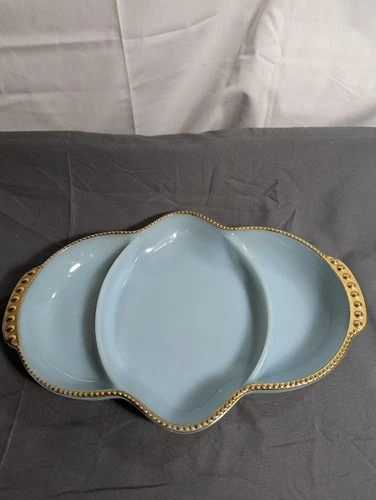 VTG Anchor Hocking Fire King Turquoise Blue Delphite Glass Relish Dish Gold Trim