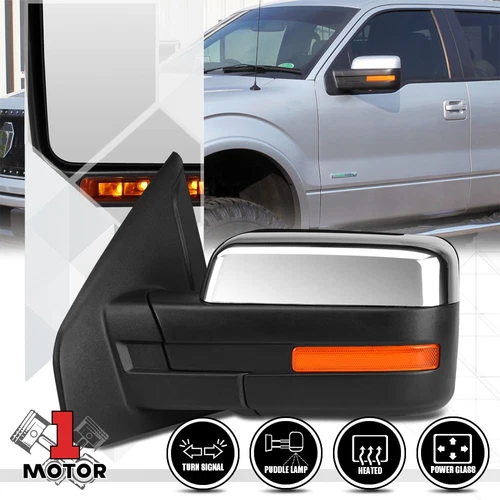 [Left] Driver Side Chrome Power+Heated w/Amber LED Signal Mirror for 04-14 F-150