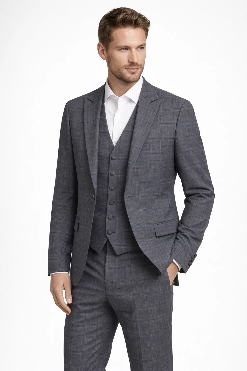 Grey Check 3 Piece Suit Wool Jacket Waistcoat Trouser Wedding Groom Lightweight
