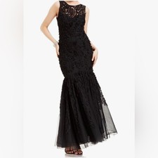 JS Collections Black Chiffon Soutache Mermaid Gown w Sheer Top, V back, Size 4