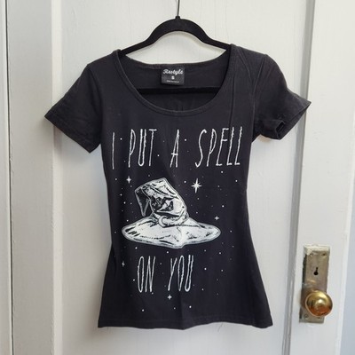 Restyle Black Graphic Tee Goth Witch Hat Design Halloween Sz S